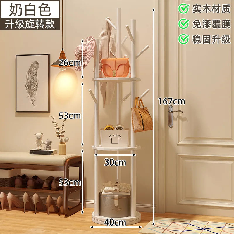 Rotating Wooden Coat Rack Durable Floor Standing Clothes Hanger Bedroom Clothes Rack Stand Space-Saving Storage Rack