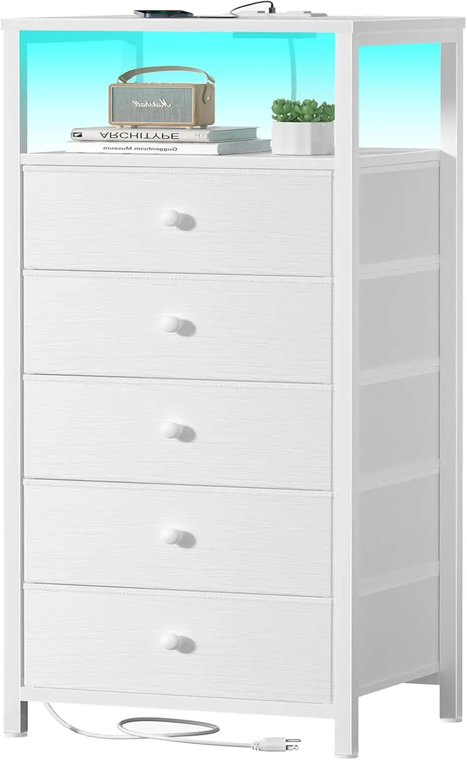 White Dresser with 5 Drawers Tall Nightstand with Charging Station and LED Light, Bedside Table Room Storage Drawers Closet