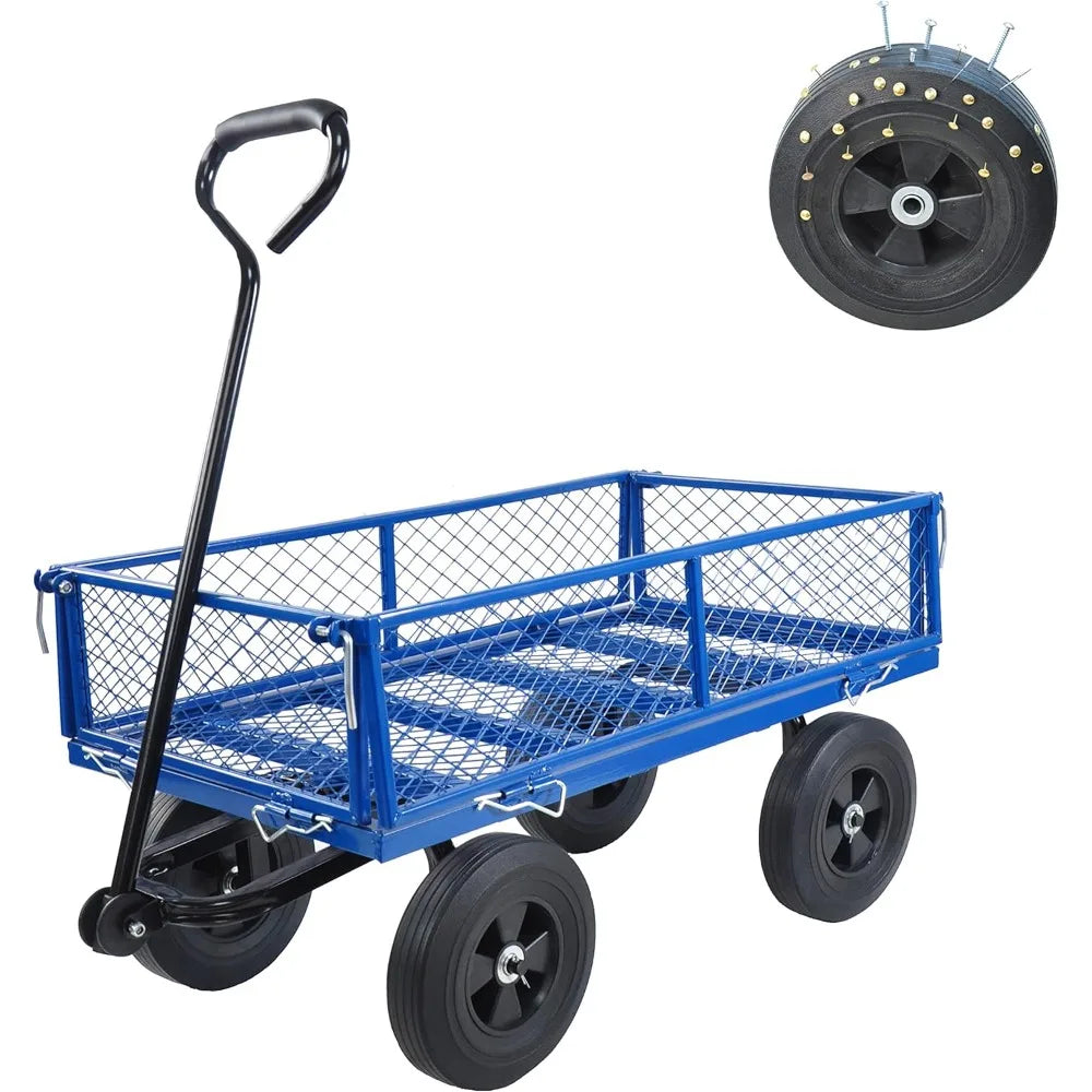 Solid Wheels 10" Flat Free Tires Steel Garden Wagon cart A Large-Capacity mesh with a Load of 1100LBS,with Detachable Side and n