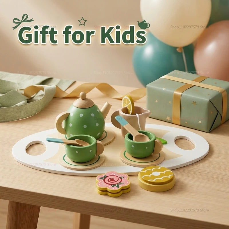 Kids Wooden Afternoon Tea Set Toys Kitchen Accessories for Tea Party Play Educational Pretend Food Gift for Girls Boys Toddlers