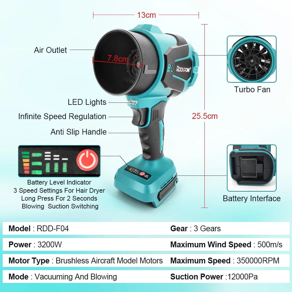 3200W Brushless Electric Turbo Blower Jet Fan 300000RPM Handheld Leaf Blower Dust Blowing for Makita 21V Battery Pin(No Battery)