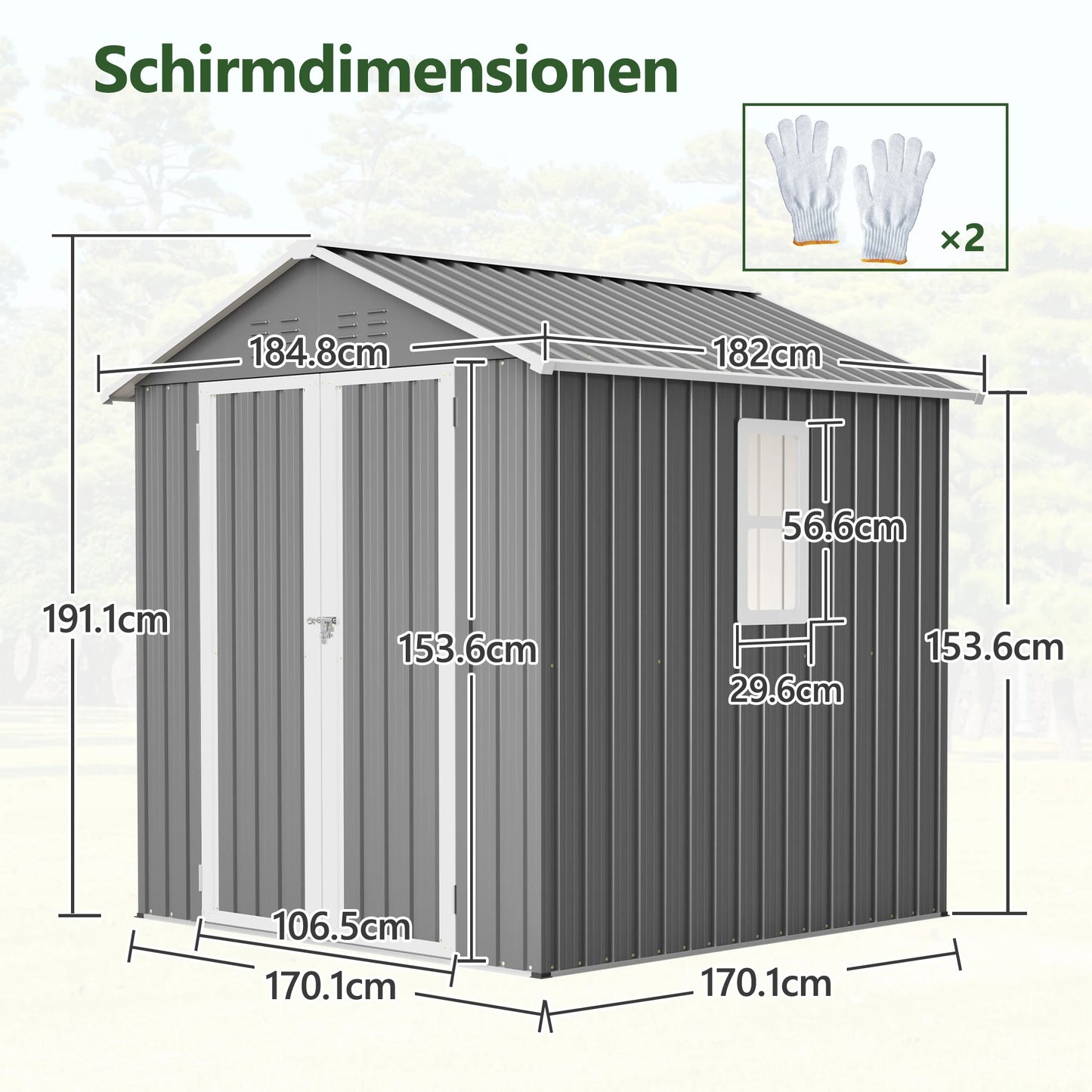 Metal Garden Shed with Dual-Pitched Roof, Window and Ventilation, Base Included, 184.8x182x191.1 cm, Grey