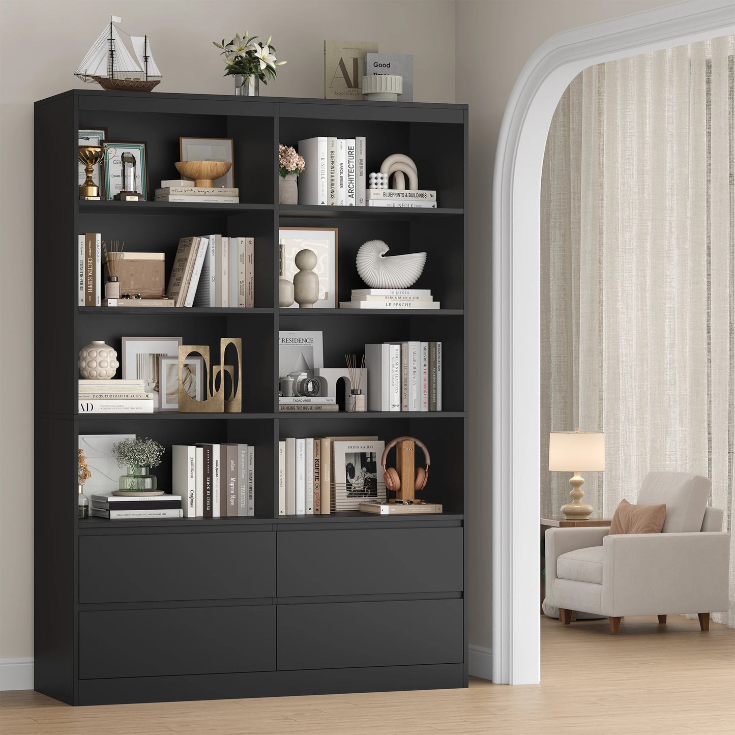 Getone Bookshelf 6 Tier Bookcase White with Drawers 8 Open Compartments Bookshelf Living Room Bookcase  Tall Shelving Unit Free Standing Display Cabinet for Office Home 180x120x30cm