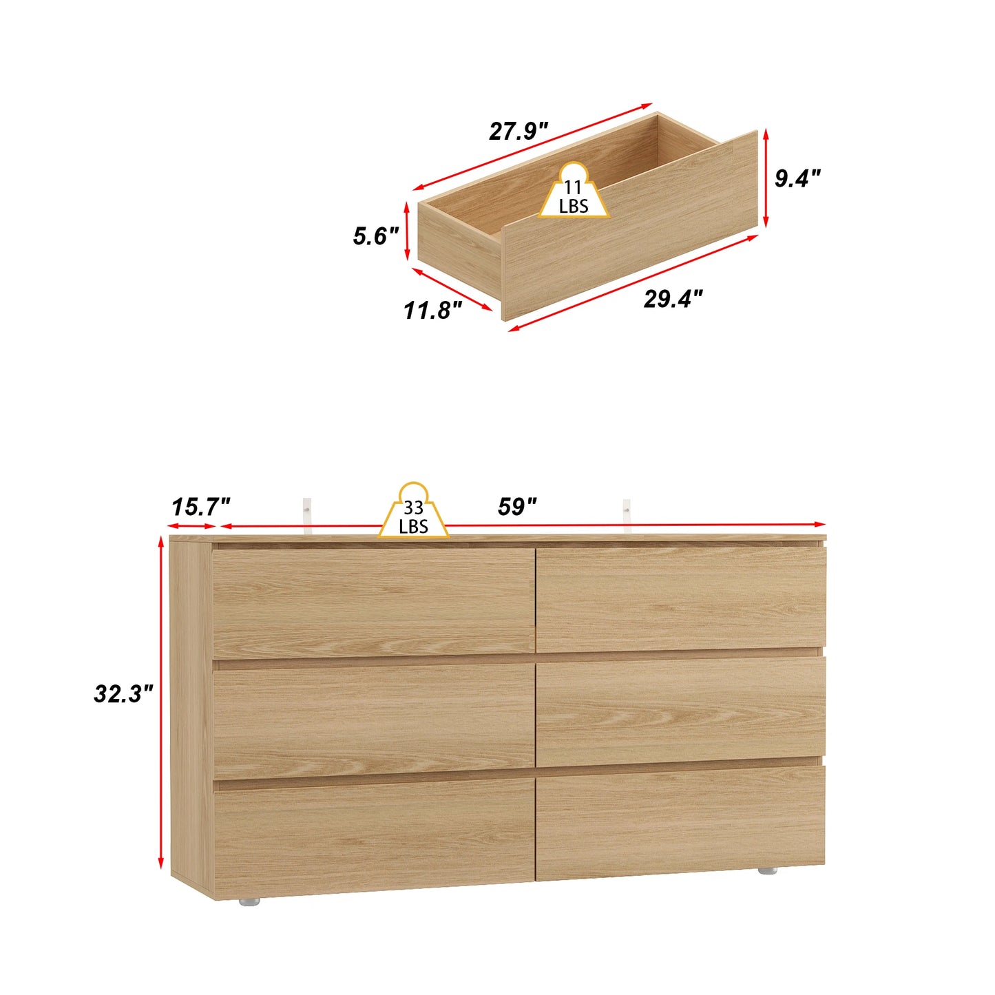 FUFU&GAGA 6-Drawer Dresser for Bedroom, Storage Organizer Chest of Drawers for Living Room Hallway Entryway, Natural