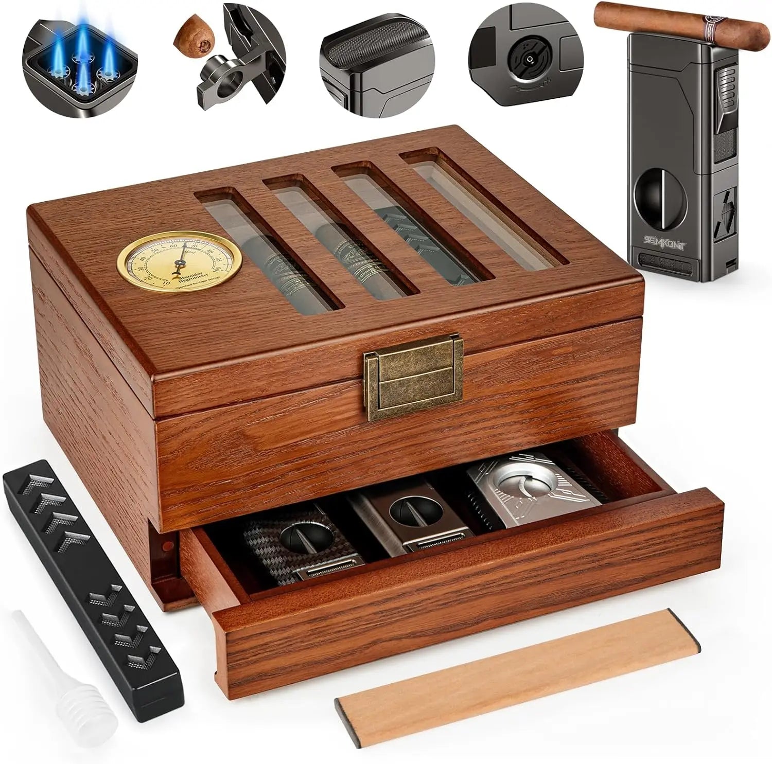 Cigar Humidor,Vintage Lock&Accessory Drawer Cedar Wood,Recessed Hygrometer Glass Top Desktop Humidor for 20-35 Cigars
