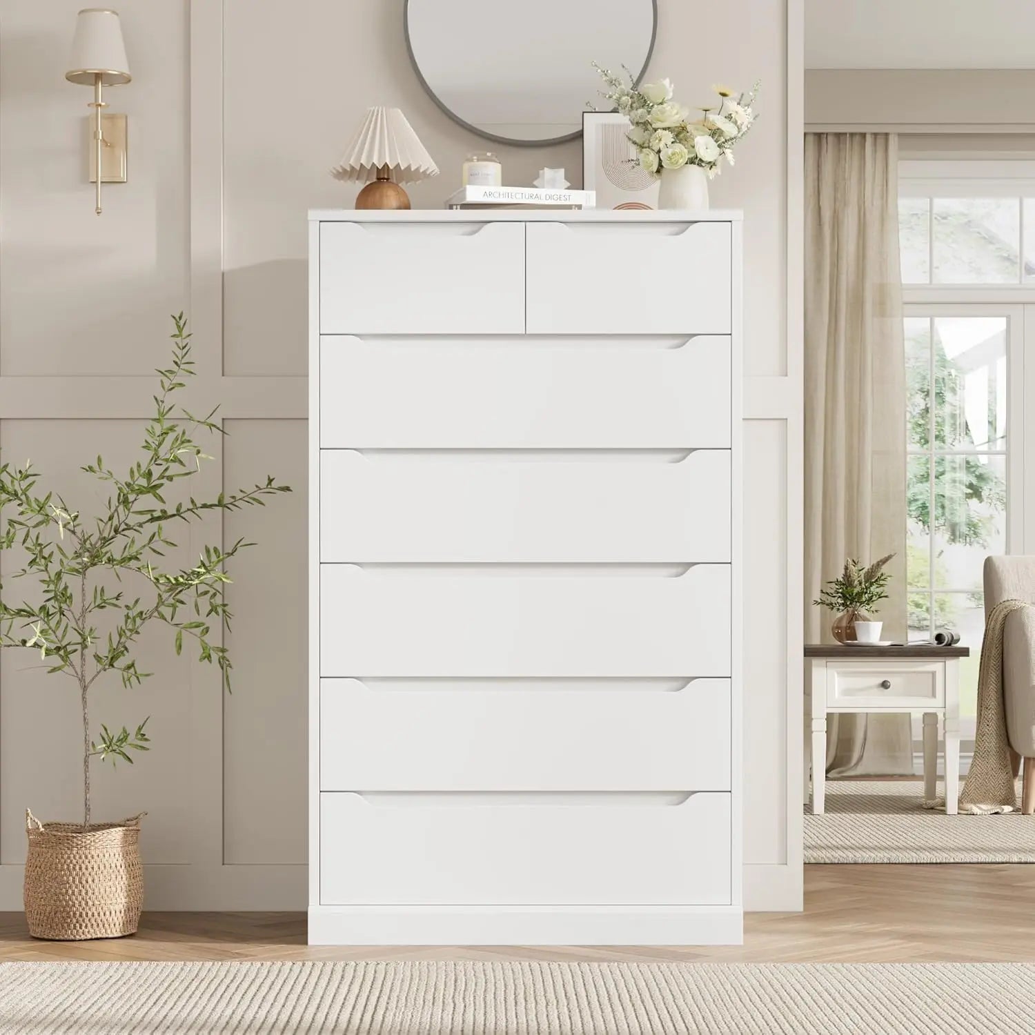 51" Tall 7 Drawers Dresser, Modern White Dresser, Wood Dressers & Chests of Drawers with Cut-Out Handles, Upright Drawer Chest