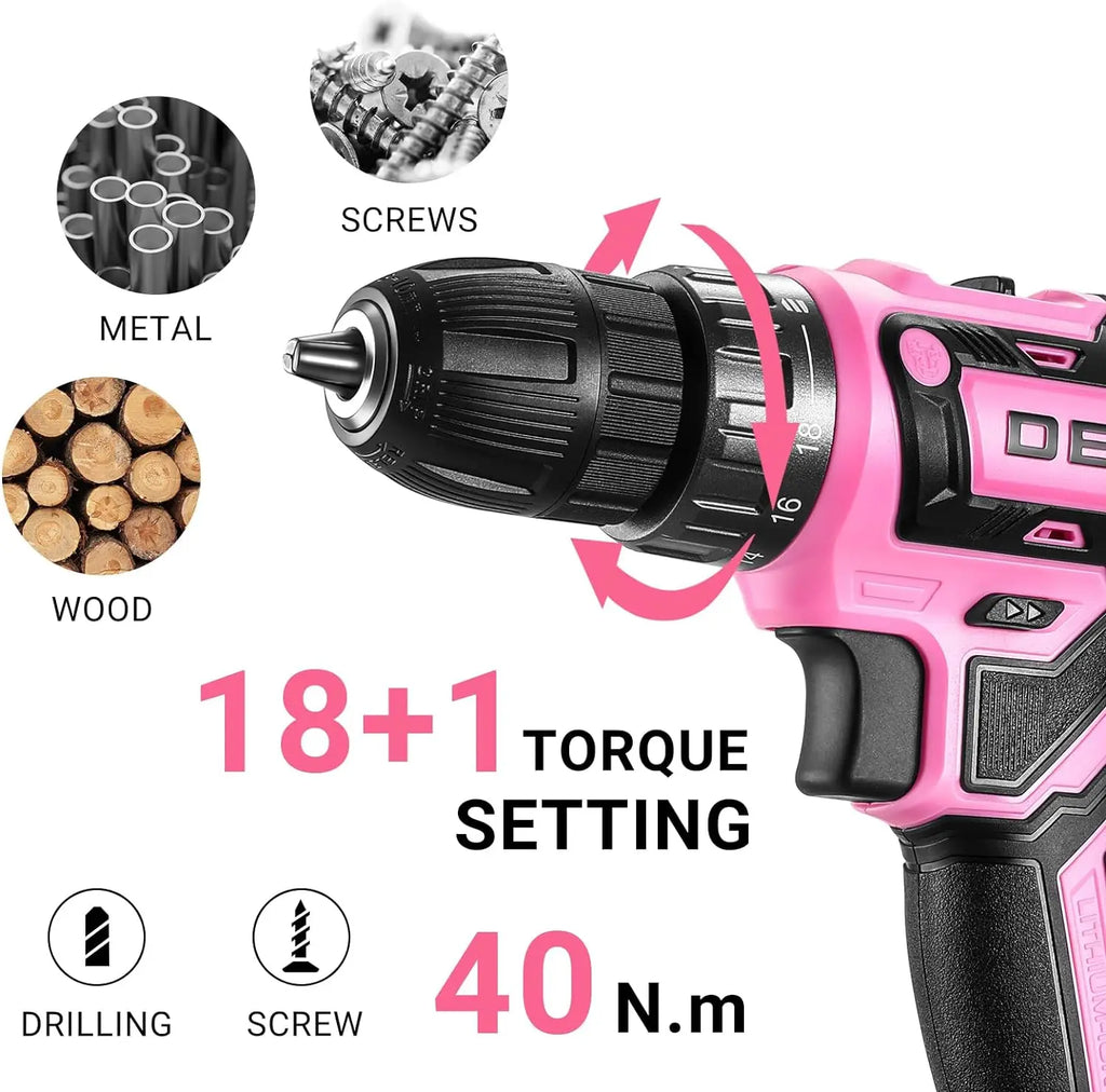 DEKO Pink Cordless Drill 20V - Electric Power Drill Set Tool for Women | AlluCanFind
