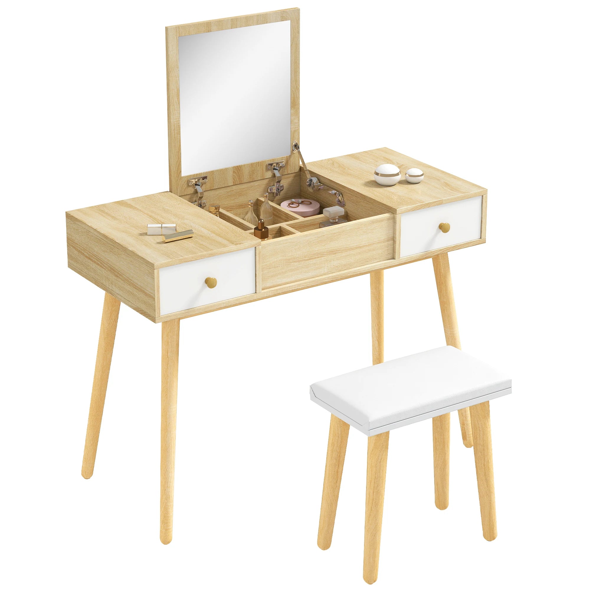 Homcom Dressing Table with Folding Mirror Drawers and Stool 100X45X118 Natural Color