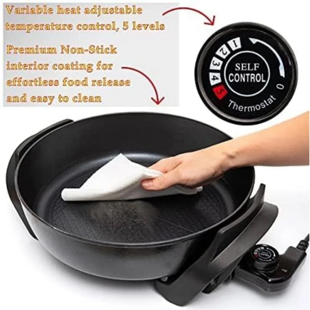 Round Nonstick Electric Skillet With Lid, Aluminum 12 Inch Electric Frying Pan, 2 Layers Of Non-Stick Coating