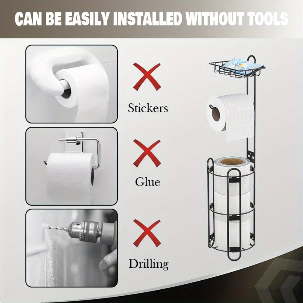 Round toilet paper holder with shelf, bathroom freestanding toilet paper holder