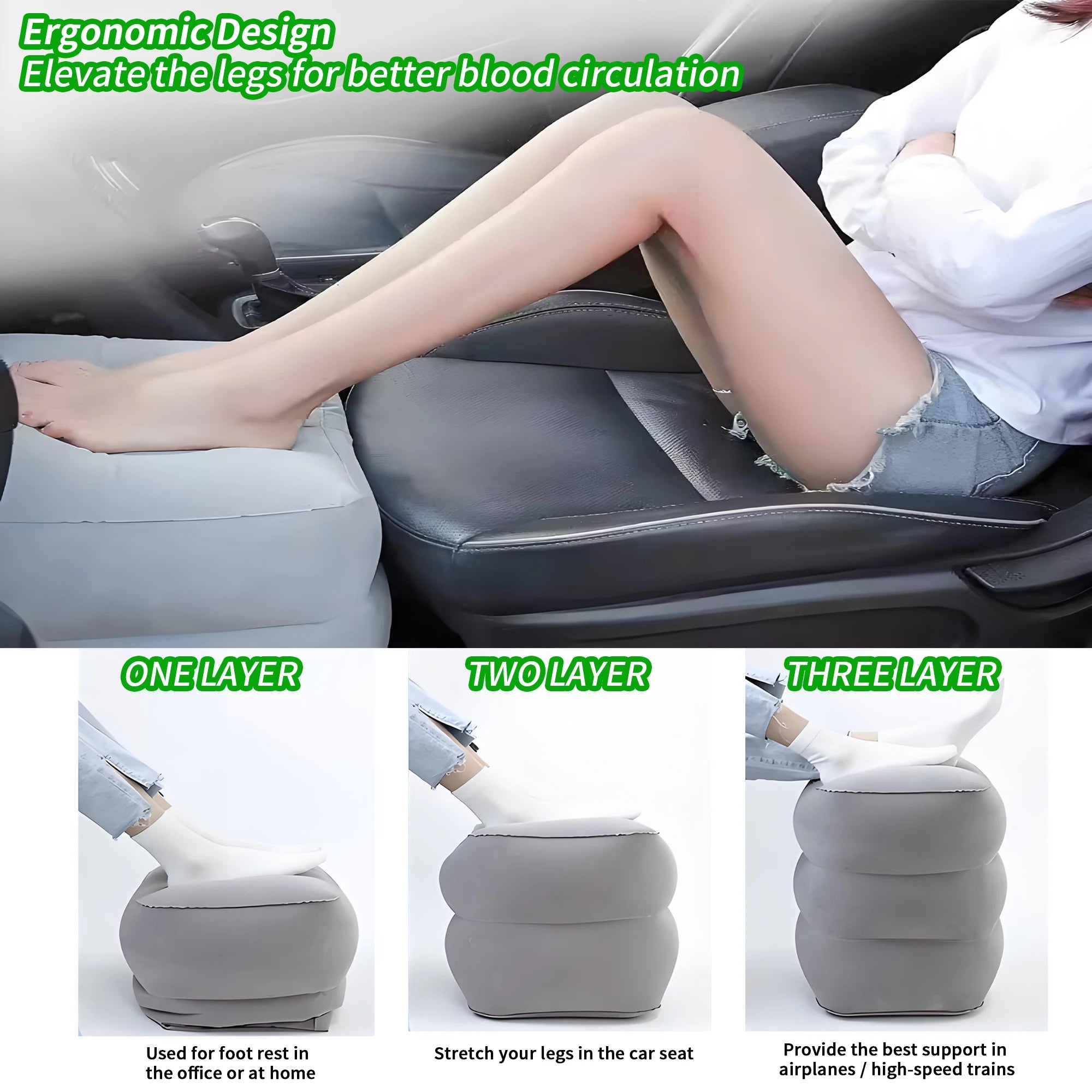 Inflatable Sleeping Foot Rest Pillow for Air Travel, PVC Adjustable 3-Layer Flight Footstool Cushion for Car Office
