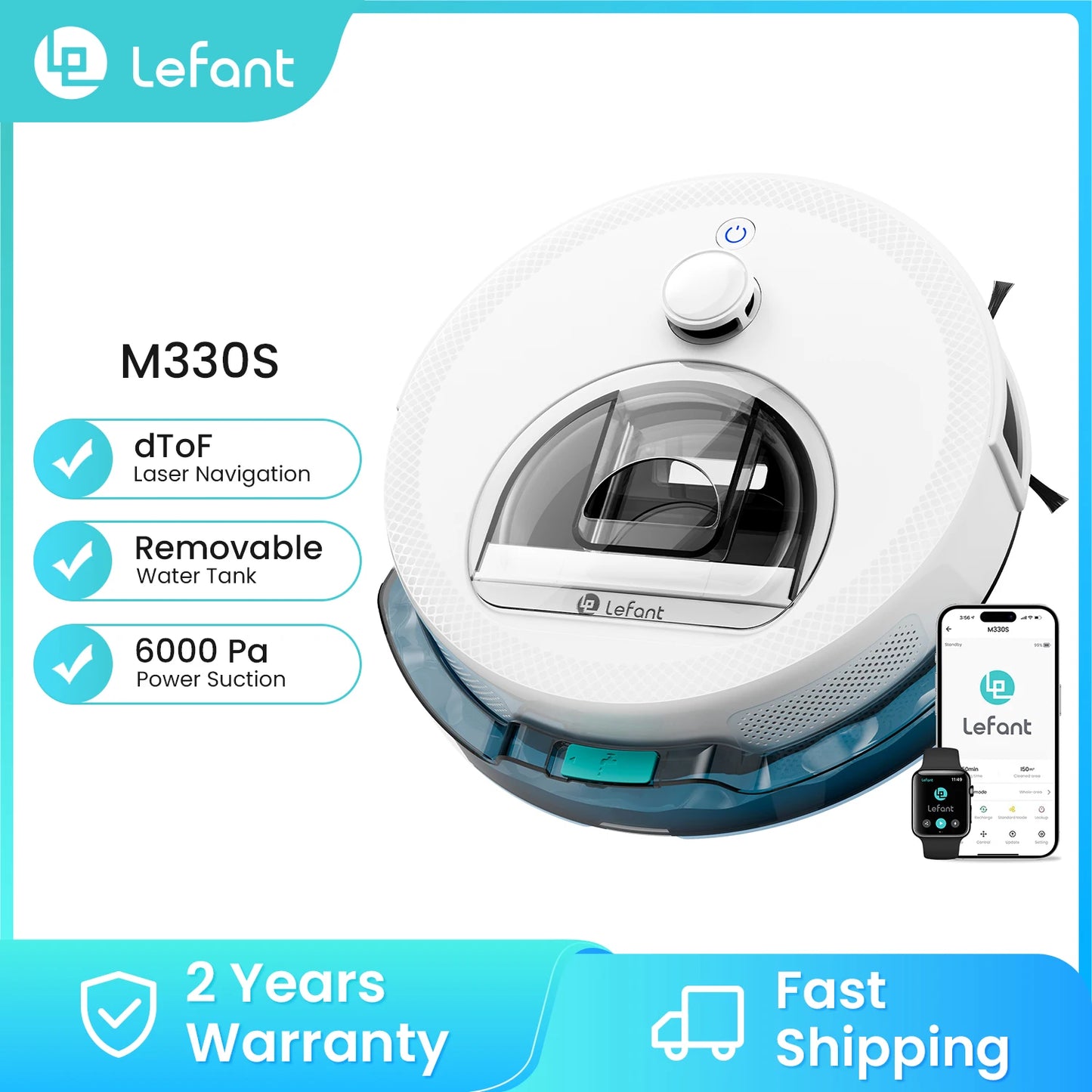 Lefant M330S Robot Vacuum Cleaner 3 in 1, 5000Pa Suction, DToF Navigation, Mapping, Virtual Zones, Obstacle Avoidance PSD, 150min, Connected by Alexa/APP/WiFi