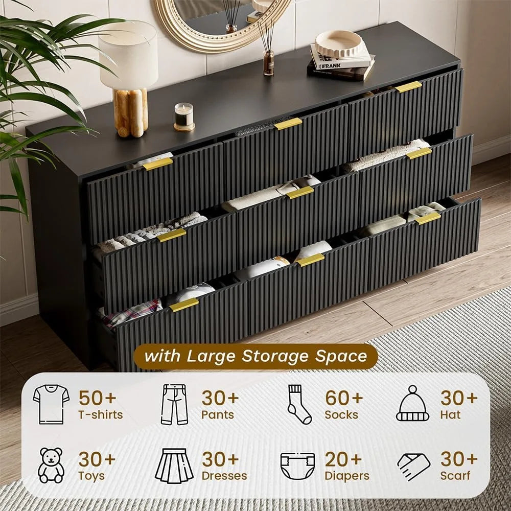 Black Dresser for Bedroom, 9 Drawer Double Dresser, Modern Chest of Drawers for Bedroom, Living Room, Entryway and Closet, 63" L