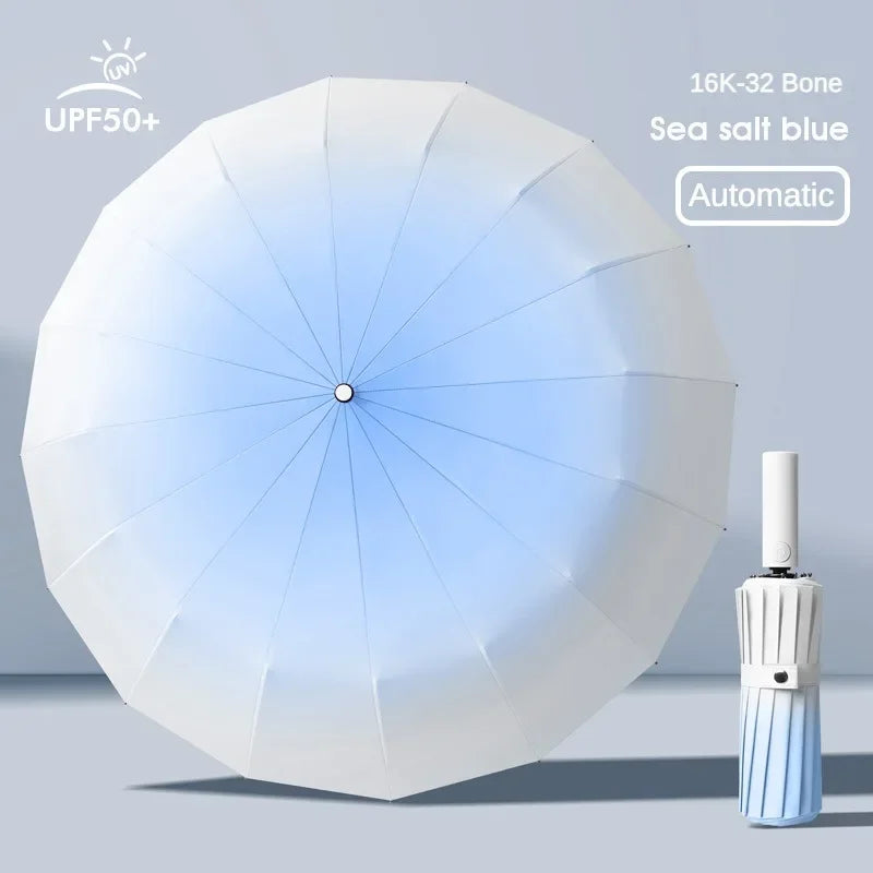 32 Bone Automatic Gradient Color Umbrella for Men Women, Large 3 Fold, Windproof,Waterproof,Sunshade,Sun UV Protection Umbrellas