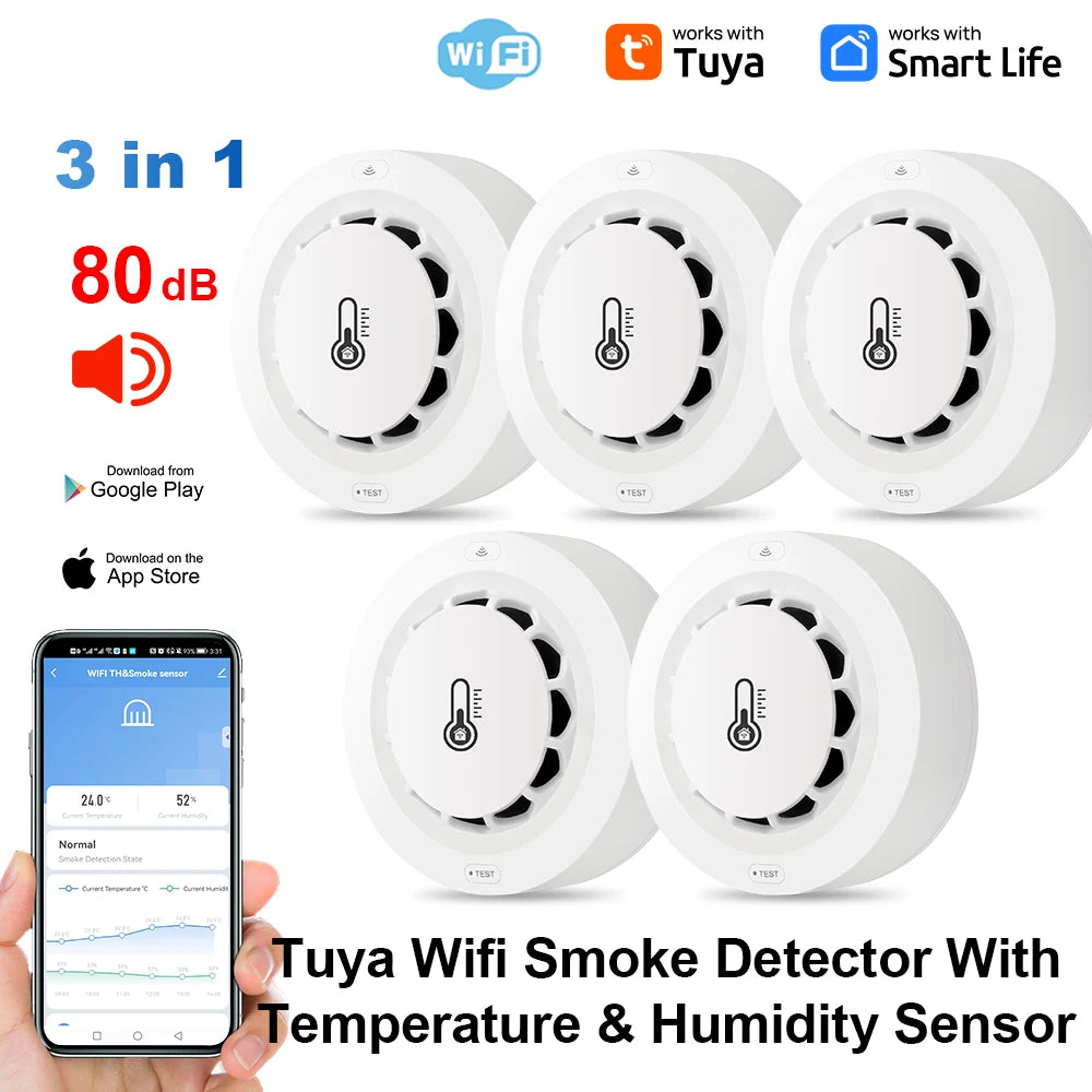 Tuya Wifi BT Two Connection Smoke Detector Temperature Humidity Measurement Device 80dB Sound Alarm Remote Push Alert Function