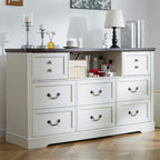 55 Inch 8 Drawers Dresser, Wide Rustic Wood Dressers & Chest of Drawers for Bedroom, Hallway with Power Outlets and LED Lights