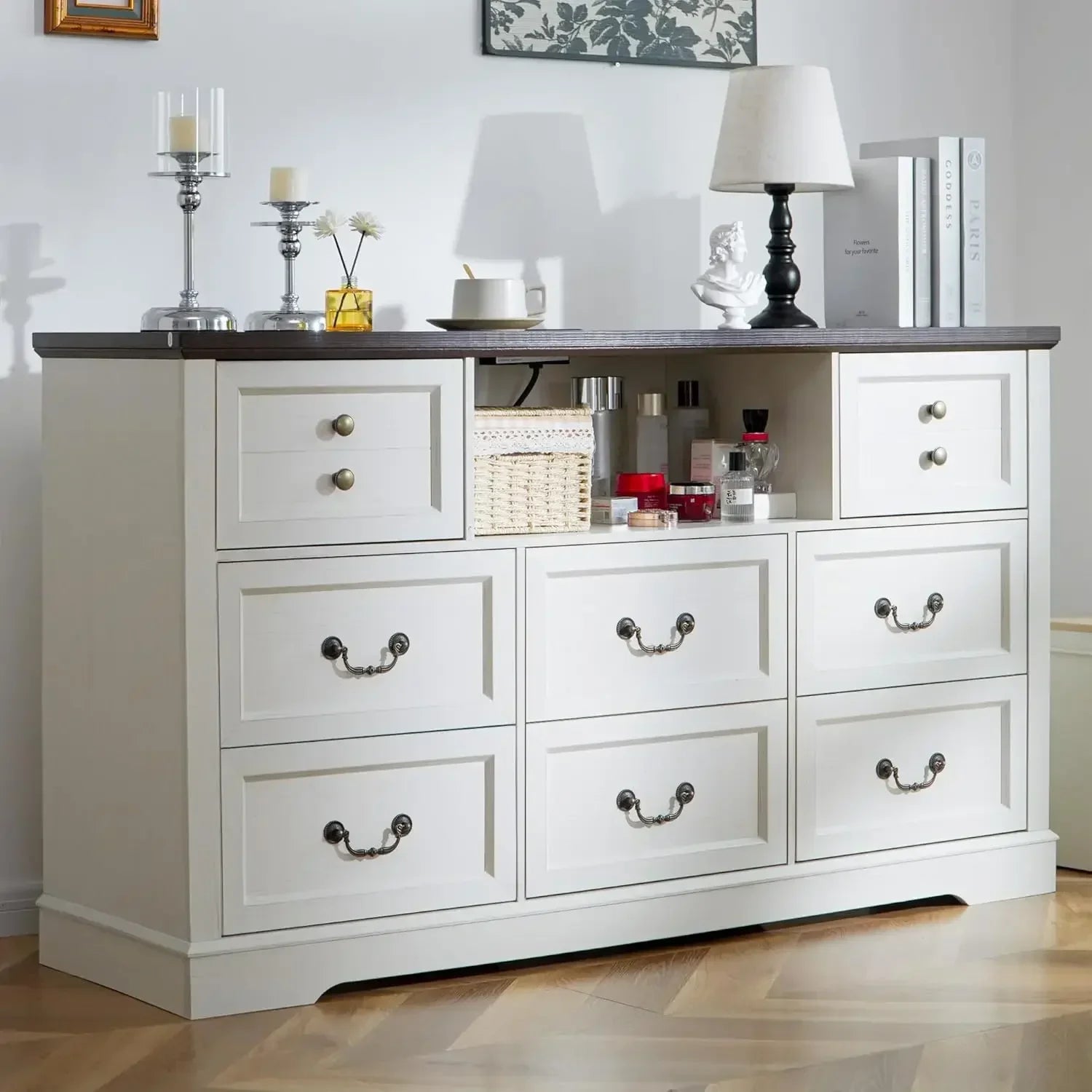 55 Inch 8 Drawers Dresser, Wide Rustic Wood Dressers & Chest of Drawers for Bedroom, Hallway with Power Outlets and LED Lights