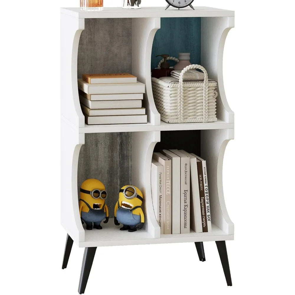 4 Cube Bookcase,White Open Cube Small Bookshelf Circle Arc Storage Shelf Display Cabinet,2 Tiers Modern Wooden Bookcase