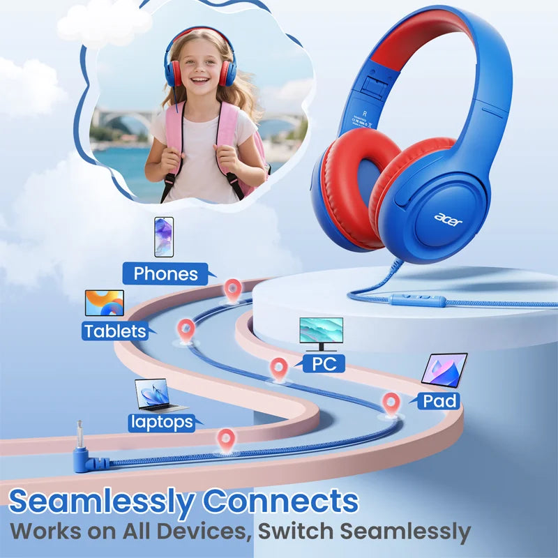 Acer HK03 Kids Headphones with Cord for School 85/94dB Volume Limiter Foldable Stereo Sound Headset for Toddlers Girls Boy