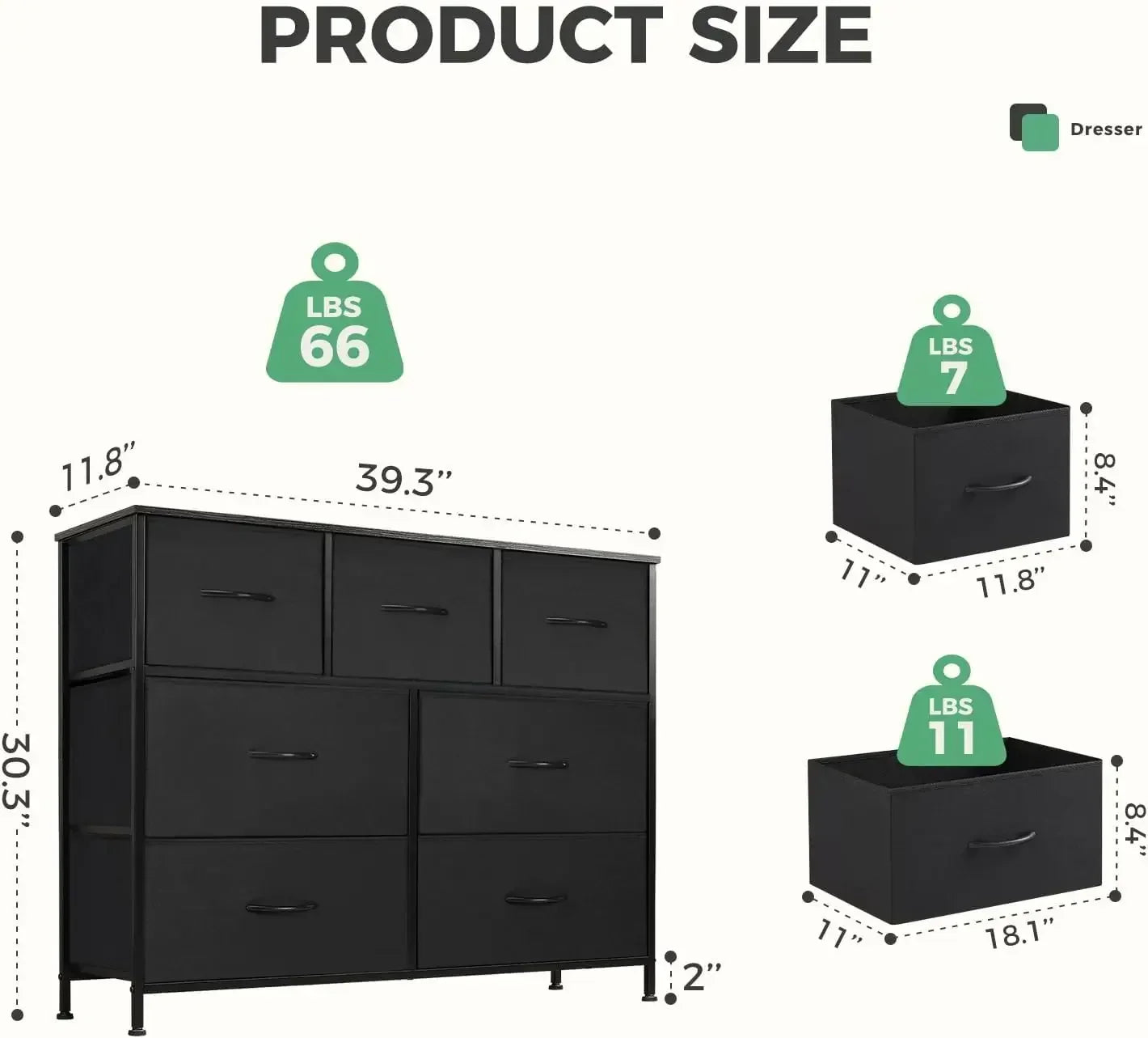 ANTONIA Dresser for Bedroom with 7 Drawers, Storage Organizer Units Furniture, Chest Tower TV Stand with Fabric Bins,Metal Frame