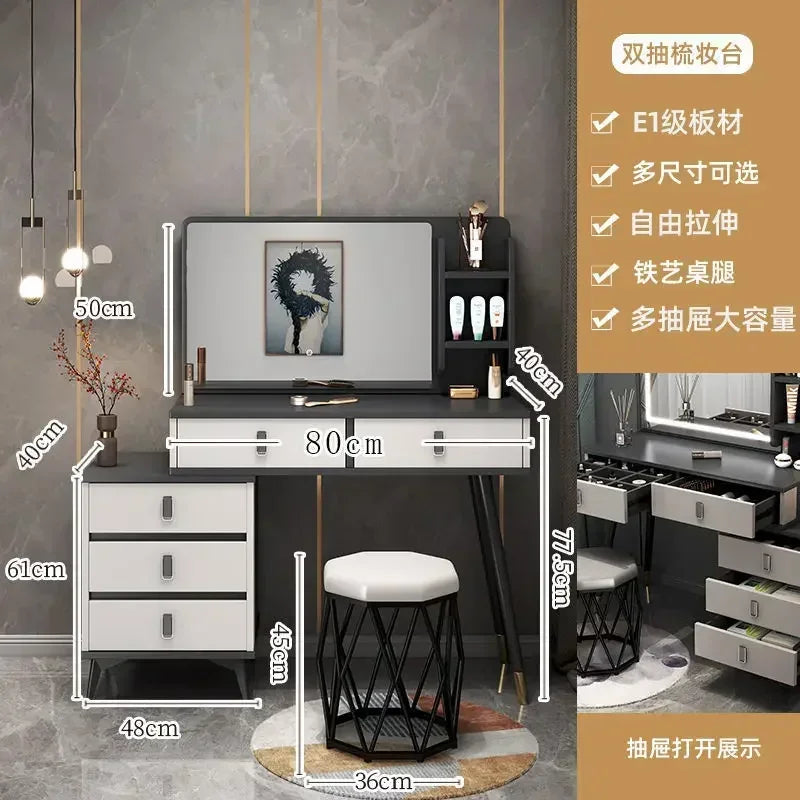 Luxury Dressing Table Comfortable Vanity Makeup Desk LED Large Mirror Drawer for Bedroom Wood Furniture Chest of Drawers Home