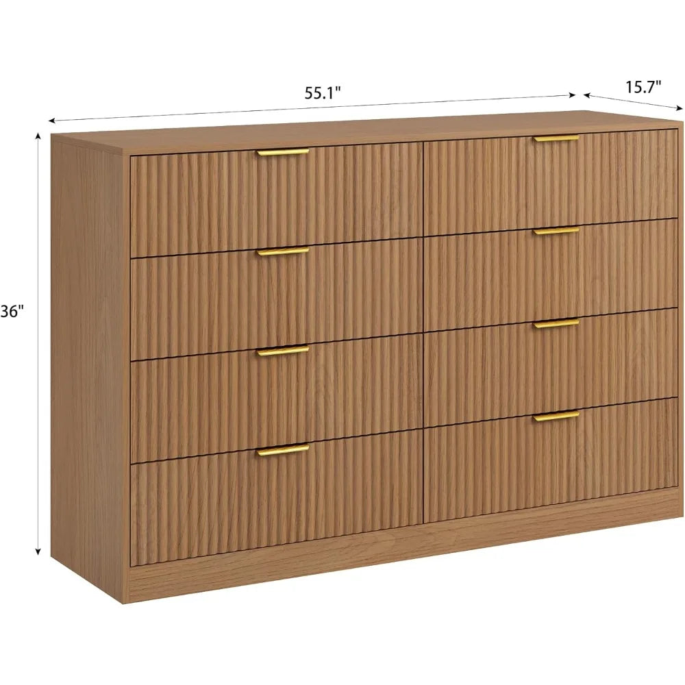 8 Drawer Dresser for Bedroom, Modern Fluted Double Dresser, 55" Wide Chest of Dressers, Mid Century Wooden Beside Table for Clos