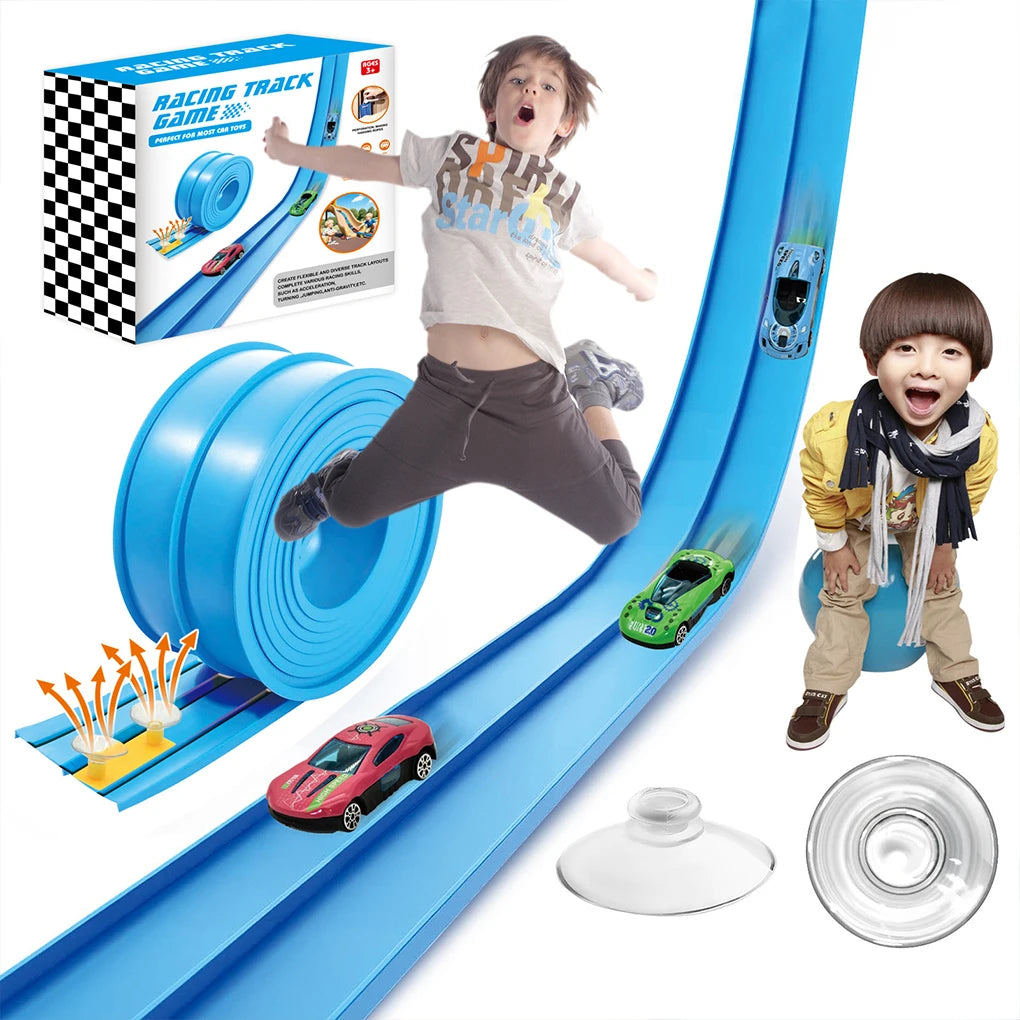 Double-track Race Children Toys DIY Track Racing Car Ramp Compatible 1/64th Cars Portable Rolls Up With suction cup track