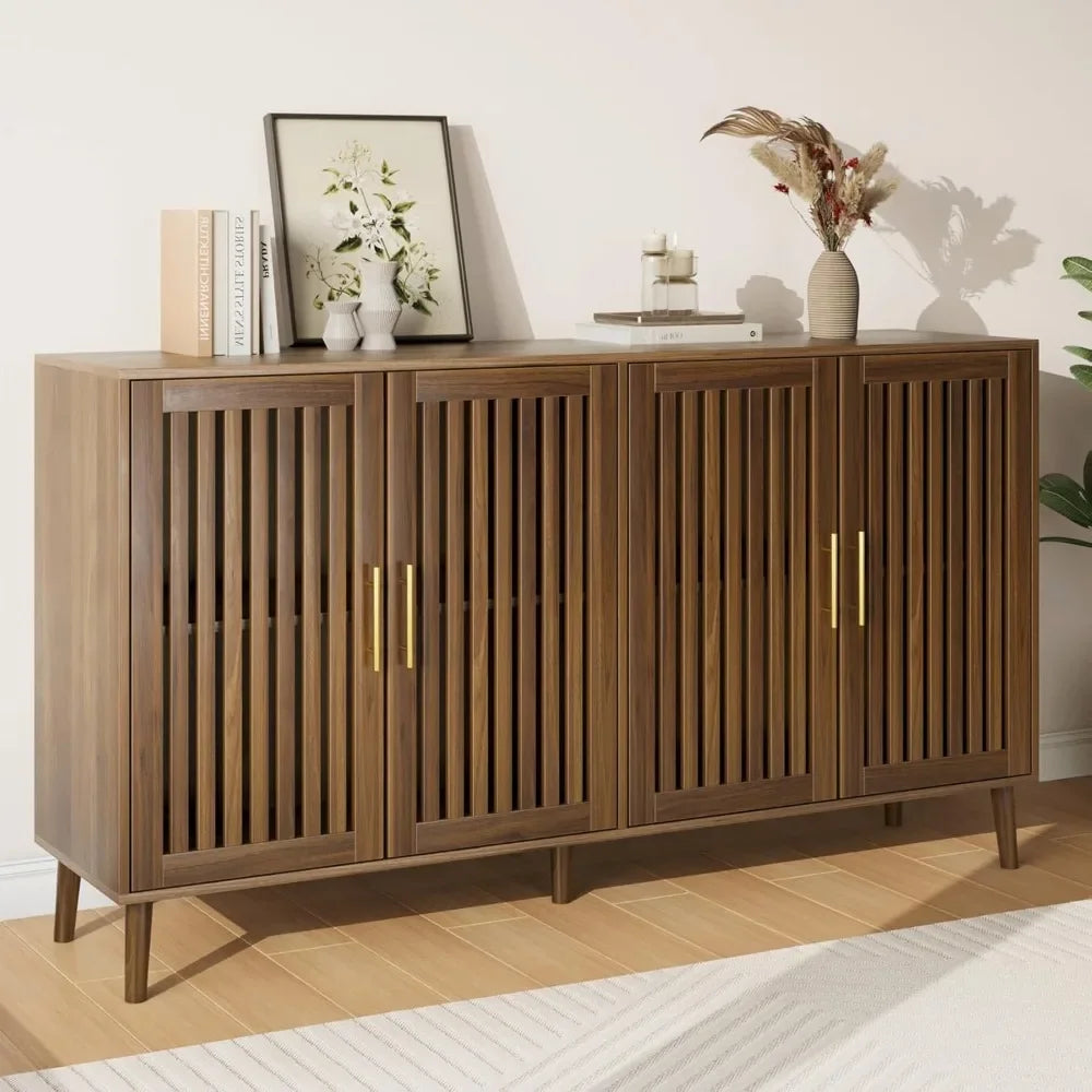 "63” Long Sideboard Buffet with 4 Louvered Doors – Farmhouse Storage Cabinet Featuring Gold Handles & Coffee Bar Design"