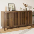 "63” Long Sideboard Buffet with 4 Louvered Doors – Farmhouse Storage Cabinet Featuring Gold Handles & Coffee Bar Design"