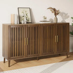 "63” Long Sideboard Buffet with 4 Louvered Doors – Farmhouse Storage Cabinet Featuring Gold Handles & Coffee Bar Design"