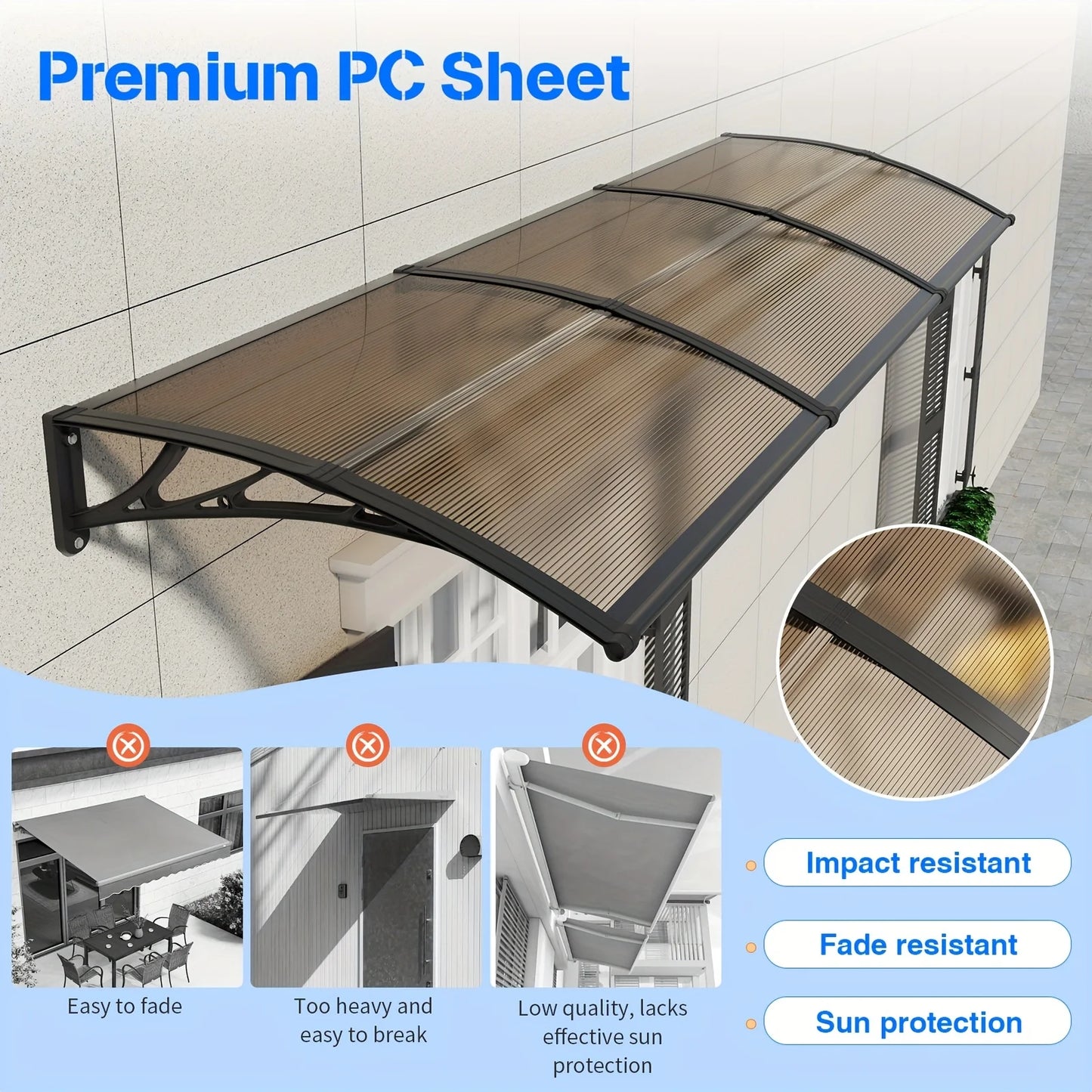 Awning Canopy for Door Window UV Rain Snow Sunlight Protection Polycarbonate Hollow Sheet Outdoor canopy Easy Install