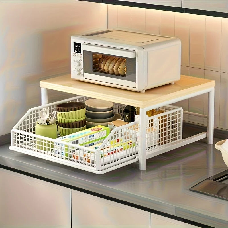 1 black/white kitchen microwave rack storage box drawer space saving countertop storage rack, suitable for appliances, tableware