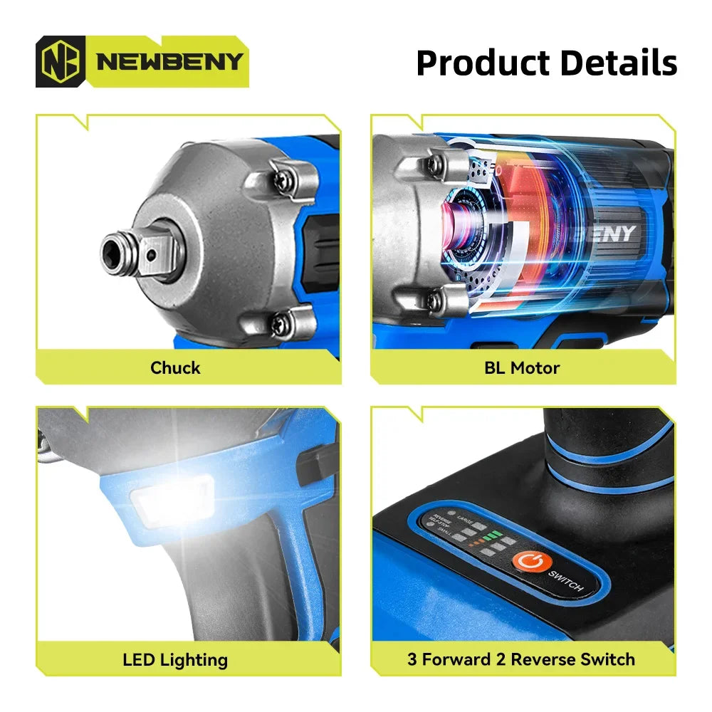 NEWBENY 1000N.m Brushless Electric Wrench 3 Gear Cordless Handheld Impact Wrench Driver Power Tool For Makita 18V Battery Pin