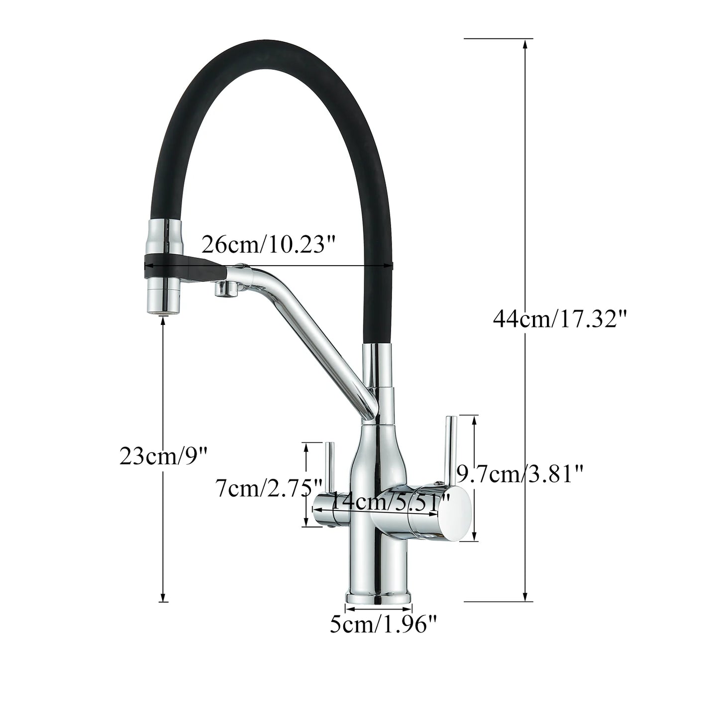 Kitchen Purified Water 2 Function Brass Cold and Hot Mix Faucet Black Flexible Water Pipe 360 Rotate Filtered Water Deck Install