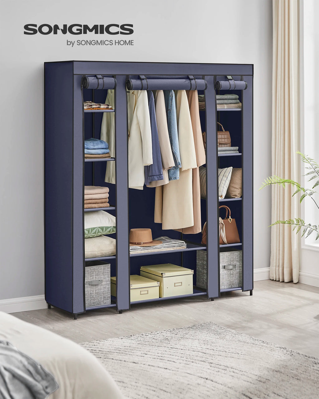 SONGMICS Closet Wardrobe, Portable Closet for Bedroom, Clothes Rail with Non-Woven Fabric Cover, Clothes Storage Organizer