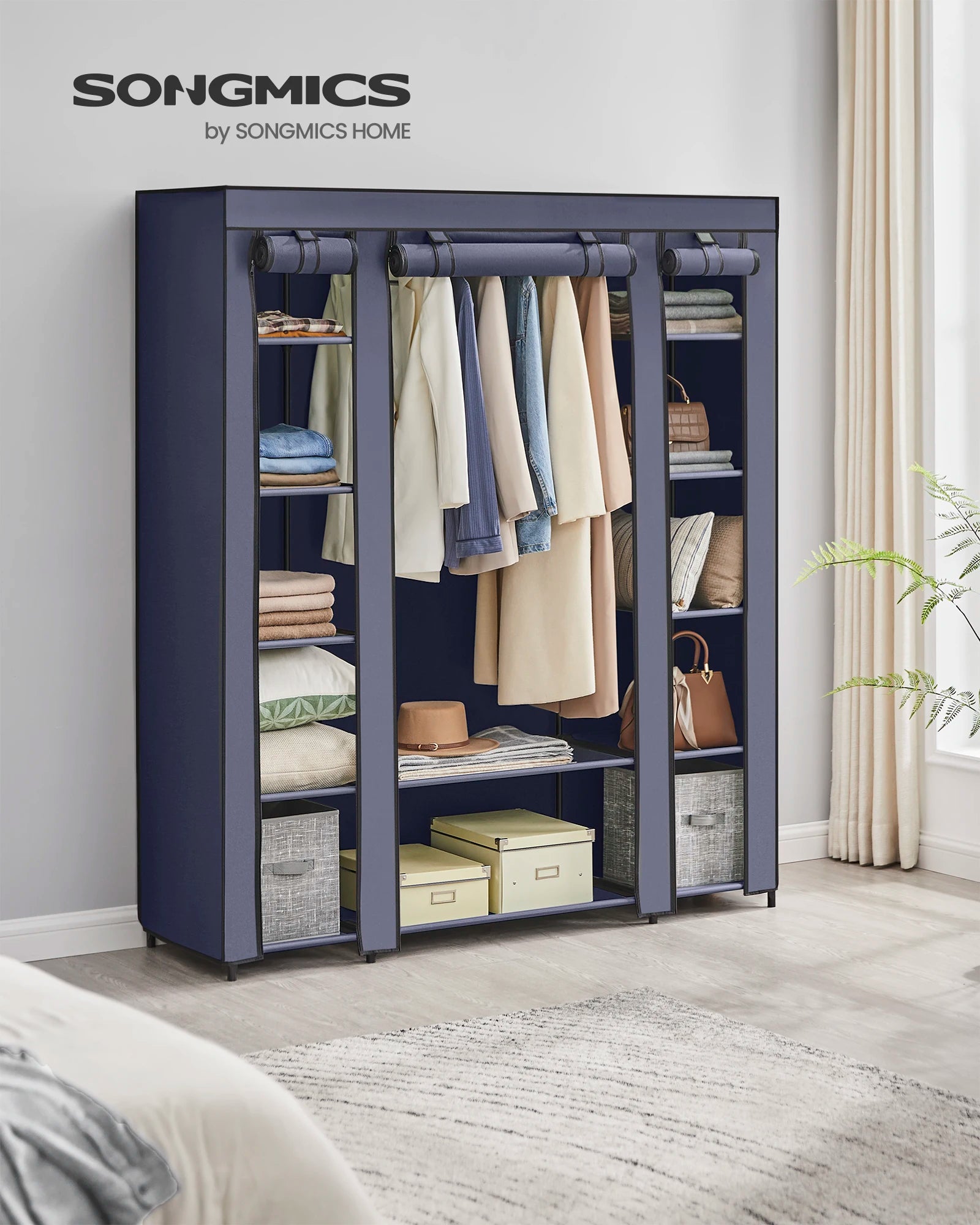 SONGMICS Closet Wardrobe, Portable Closet for Bedroom, Clothes Rail with Non-Woven Fabric Cover, Clothes Storage Organizer