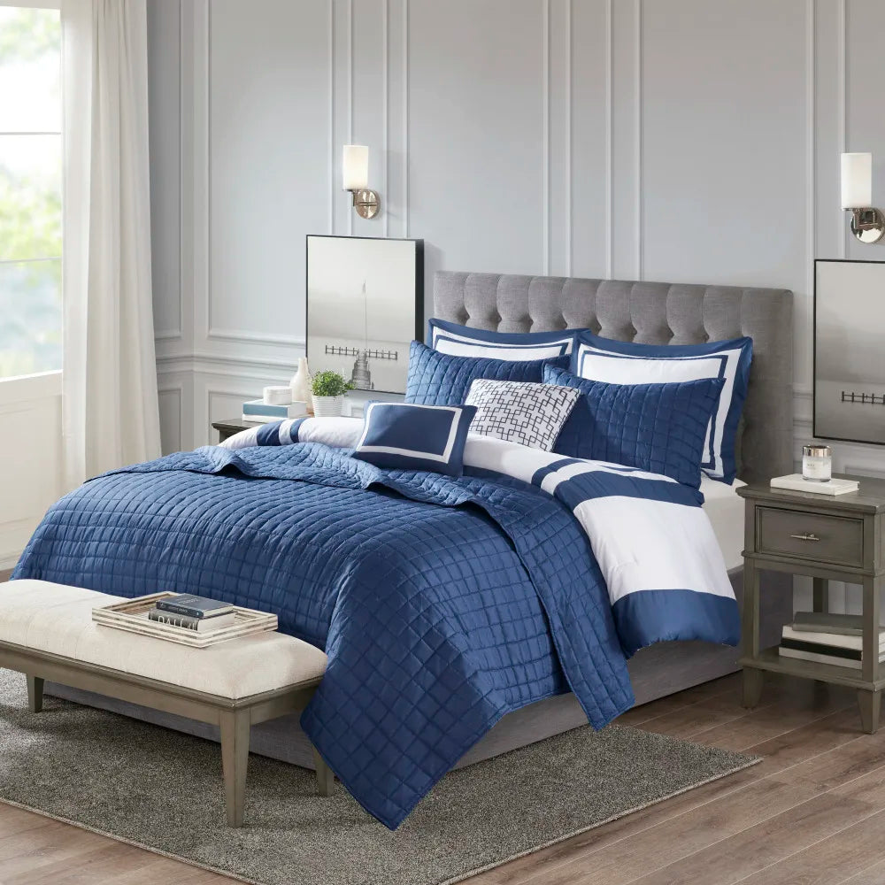 8 Piece Comforter and Quilt Set Collection Navy Full/Queen
