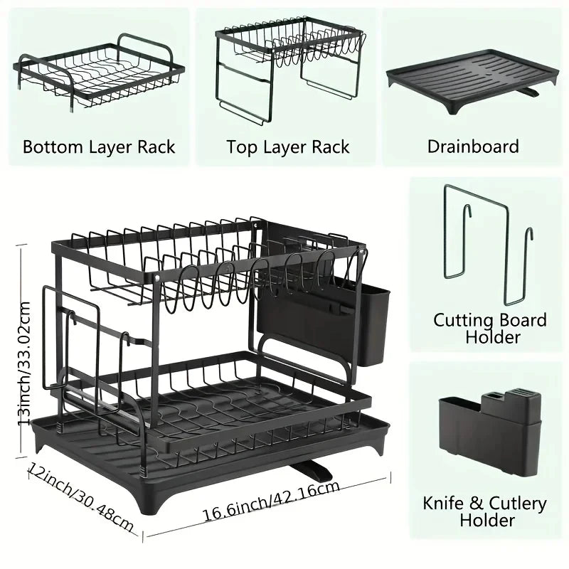 Kitchen Countertop Dish Drying Rack 2-Tier Rustproof Metal Large Capacity with Drain Tray for Tableware Organizer