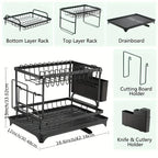 Kitchen Countertop Dish Drying Rack 2-Tier Rustproof Metal Large Capacity with Drain Tray for Tableware Organizer