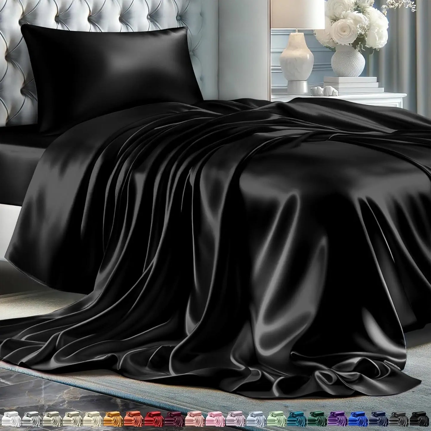 Satin Bed Sheets - 4 Piece Luxury Silky Queen Size Bedding Set, Wrinkle-Free with 15” Deep Pocket Fitted Sheet, Bedding Set