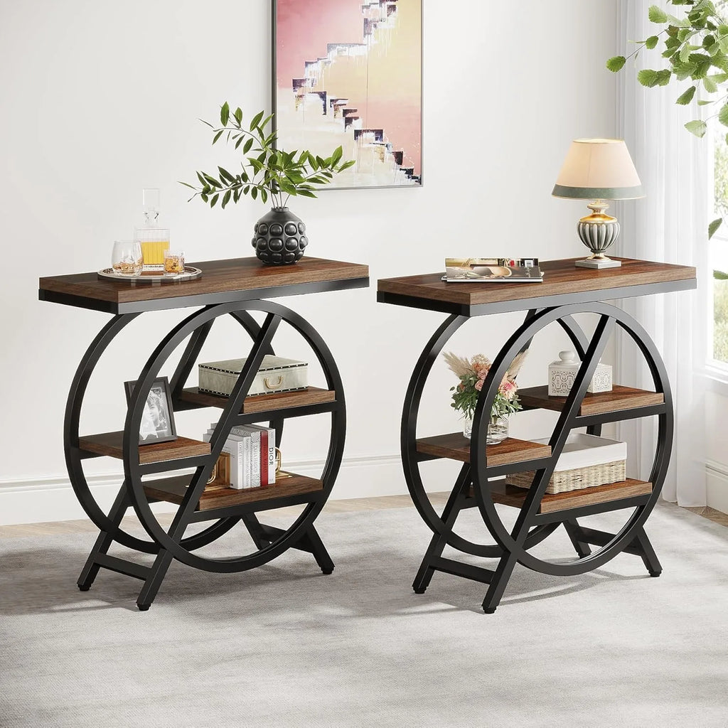 3-Tier Narrow Side Table with Storage, Wood Sofa Side Table with Geometric Metal Frame, Nightstand  for Bedroom, Living Room