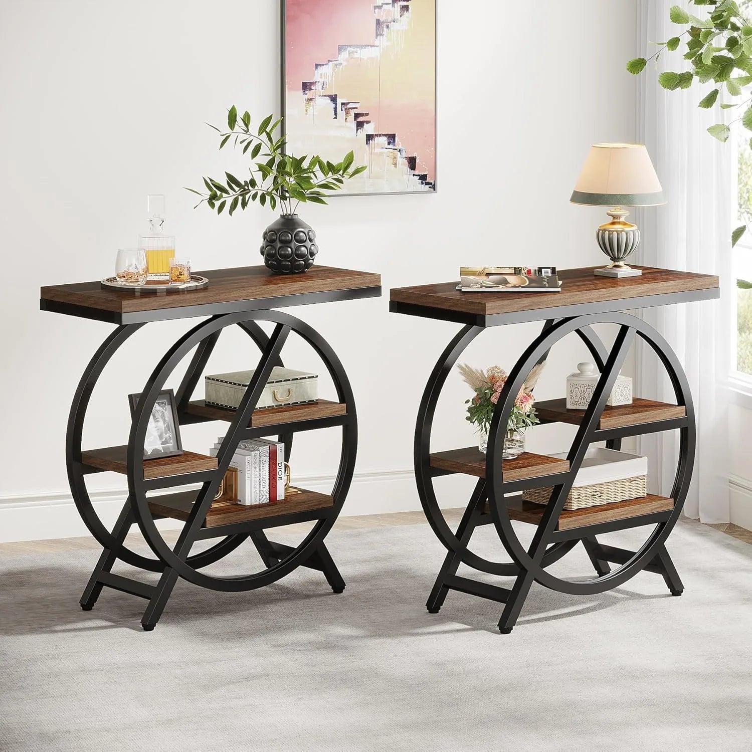 3-Tier Narrow Side Table with Storage, Wood Sofa Side Table with Geometric Metal Frame, Nightstand  for Bedroom, Living Room