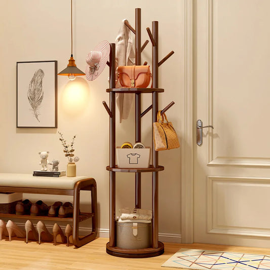Rotating Wooden Coat Rack Durable Floor Standing Clothes Hanger Bedroom Clothes Rack Stand Space-Saving Storage Rack