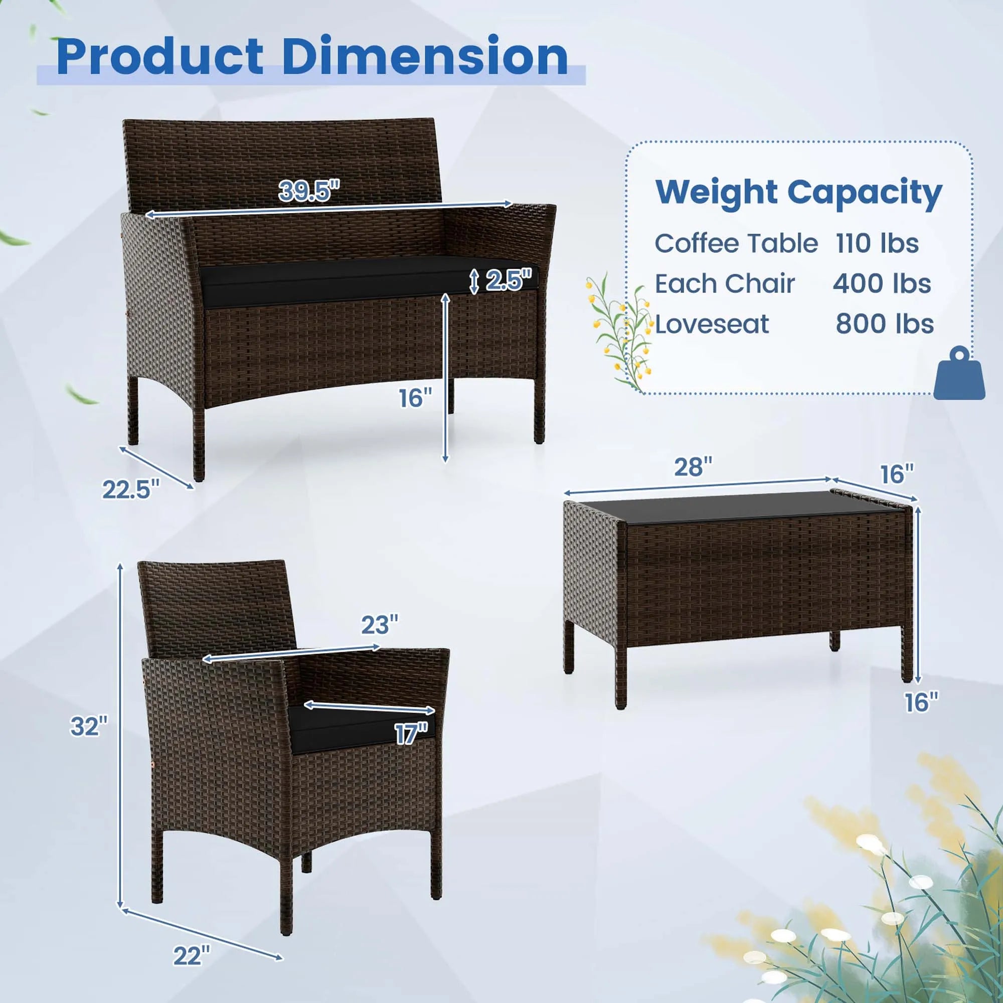 4 PCS Patio Furniture Set with Washable Cushions and Tempered Glass Coffee Table Black