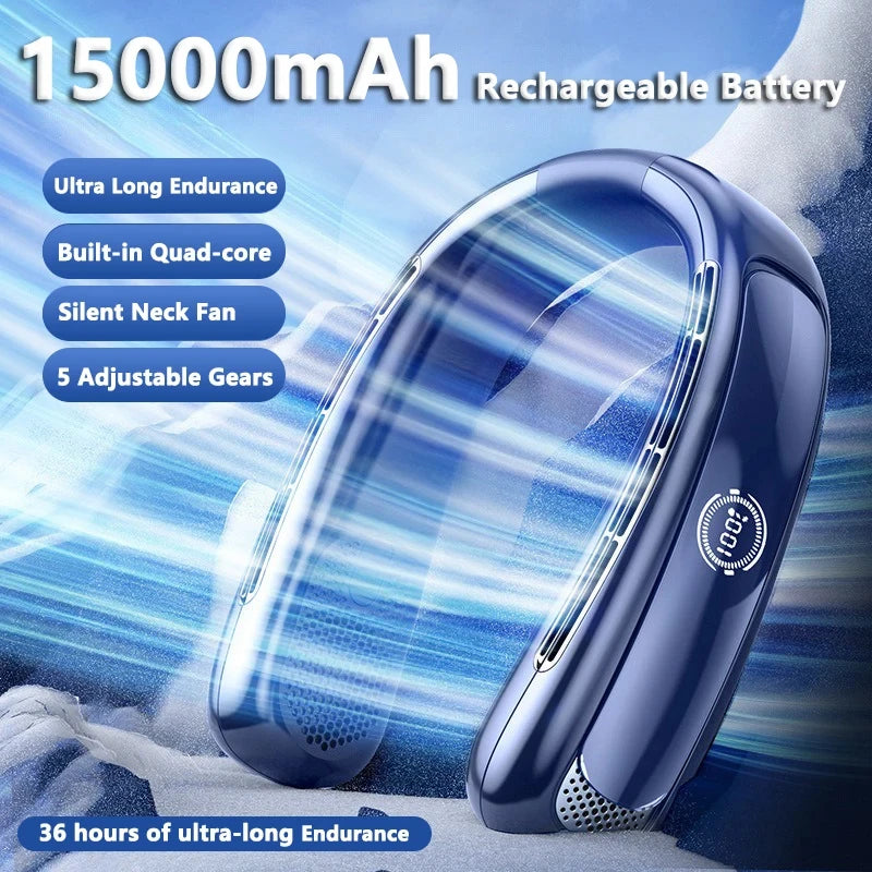 15000mah Portable Neck Fan Smart Digital Display USB Rechargeable Outd