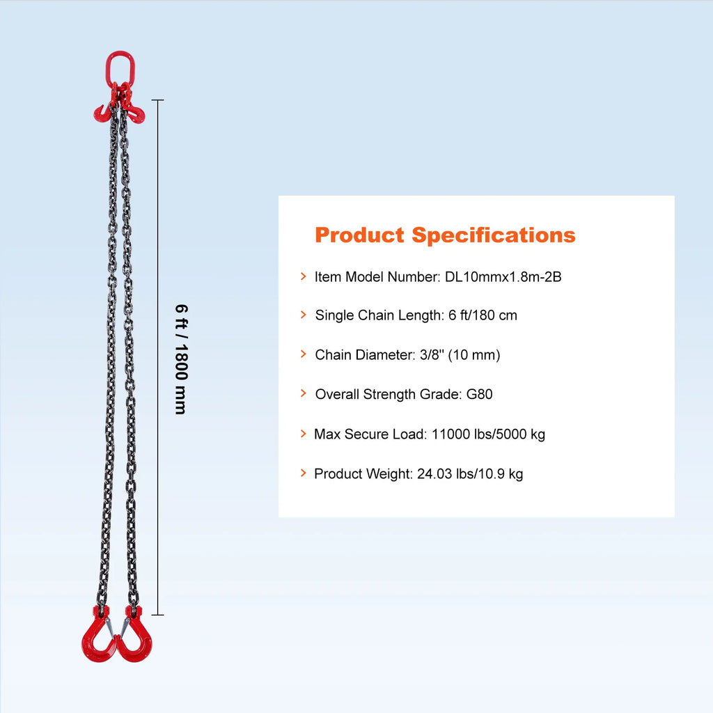 VEVOR 3T Chain Sling 6 ft Heavy Duty Lifting Chains with 2 Leg Grab Hooks G80 for Engine Manual Hoist Lifting Tool