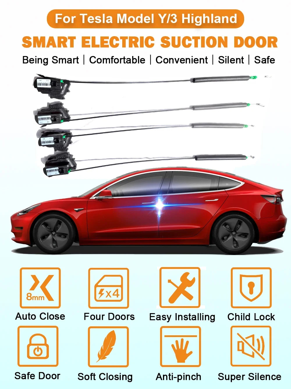 Hawknavi  Electric Suction Door Lock For Tesla Model Y Model 3 Highland with Soft Cose Anti Pinch Super Silence DIY Installing
