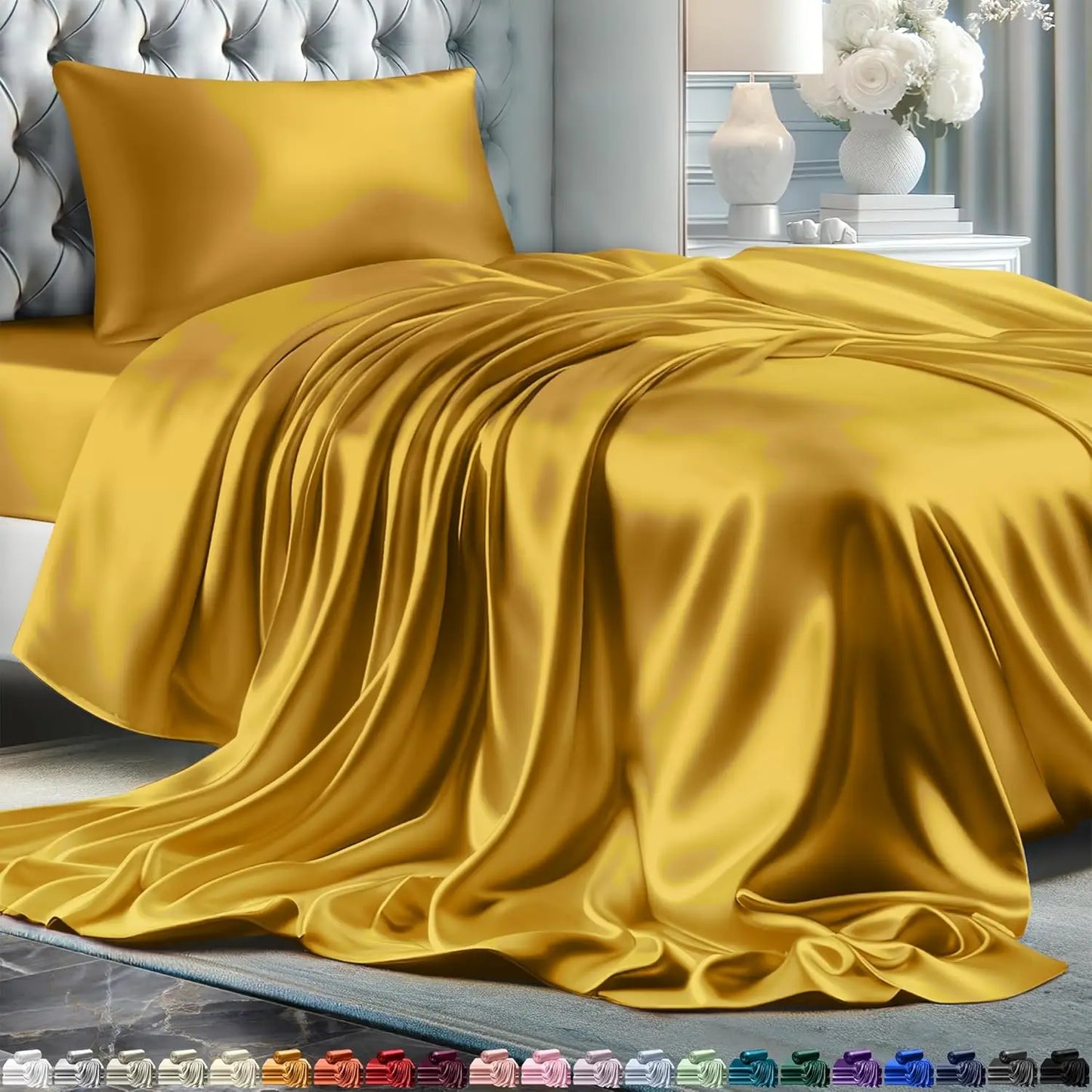 Satin Bed Sheets - 4 Piece Luxury Silky Queen Size Bedding Set, Wrinkle-Free with 15” Deep Pocket Fitted Sheet, Bedding Set