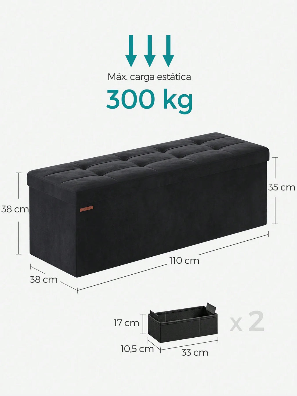 SONGMICS Foldable Storage Ottoman: 38 x 110 x 38 cm Cube Bench (300 kg capacity) for Living Room, Bedroom
