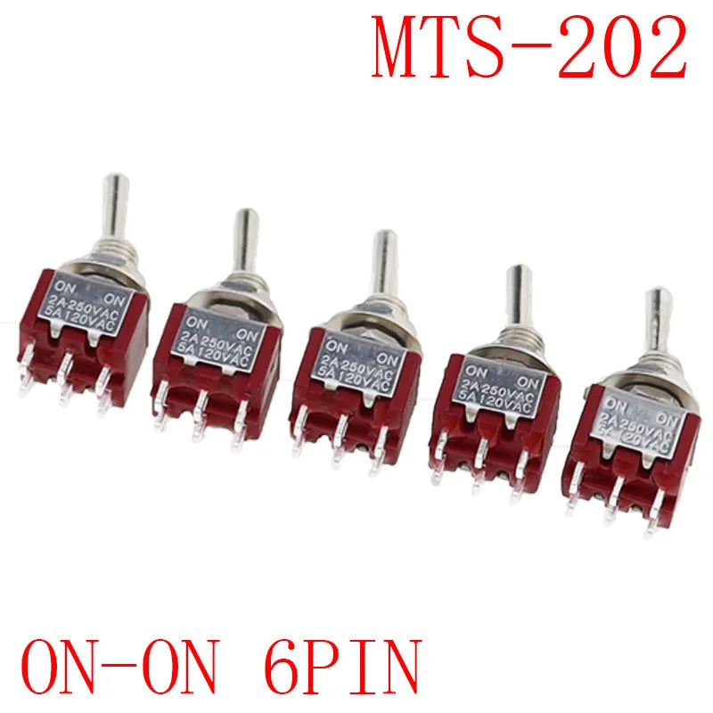 5Pcs Miniature Toggle Switch Single Pole Double Throw ON-OFF-ON /ON-ON 120VAC 6A 1/4 Inch Mounting MTS-102 103 202 203